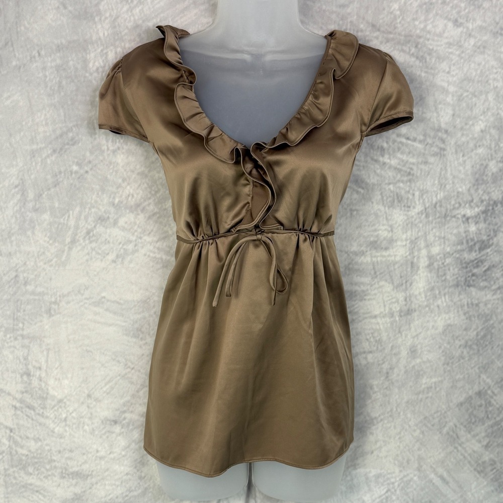 y2k Nicole Miller Womens Brown Satin Ruffle babydoll Top‎ Sz 12 forest fairy